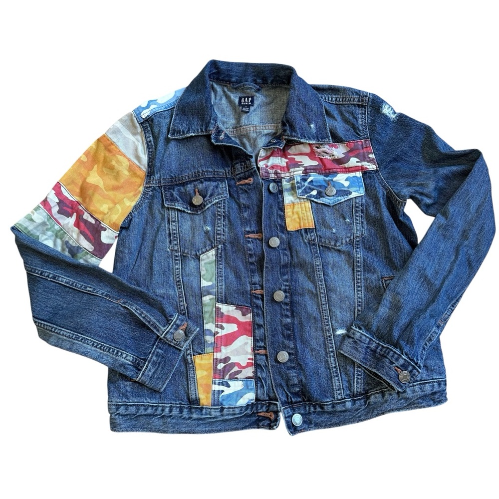 Gap Multicolor Camouflage Patchwork Denim Jacket … - image 1
